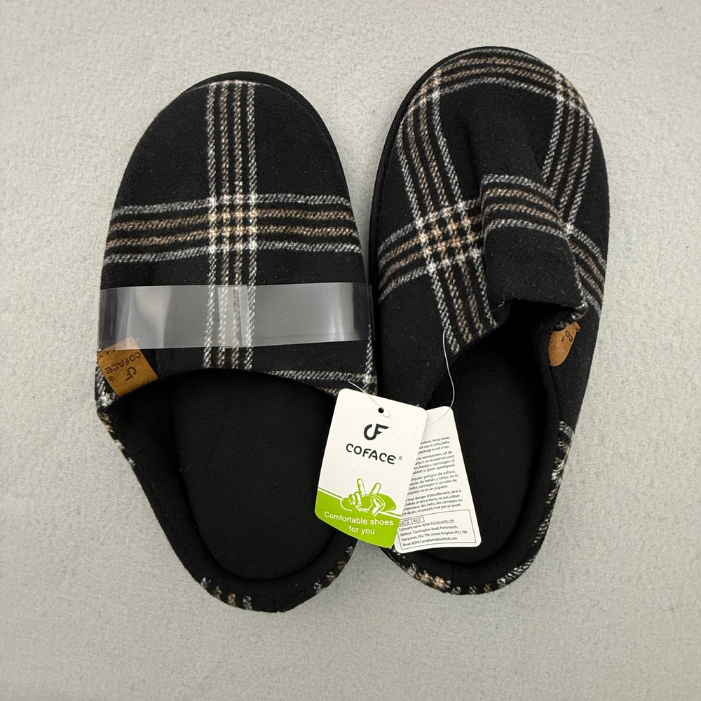 COFACE Slippers Mens 9 Black Plaid House Shoes Slip On Fleece Lined Non-Slip New